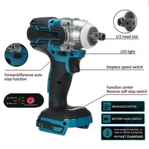 Brushless Electric Impact Wrench 1/2 Electric Screwdriver For Makita 18V Battery