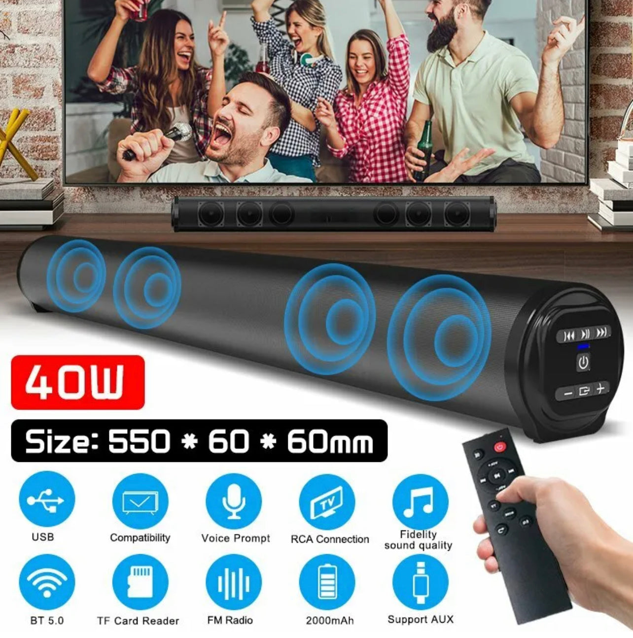 23" Wireless Bluetooth 5.0 Sound Bar Stereo Speaker System TV Theater Subwoofer