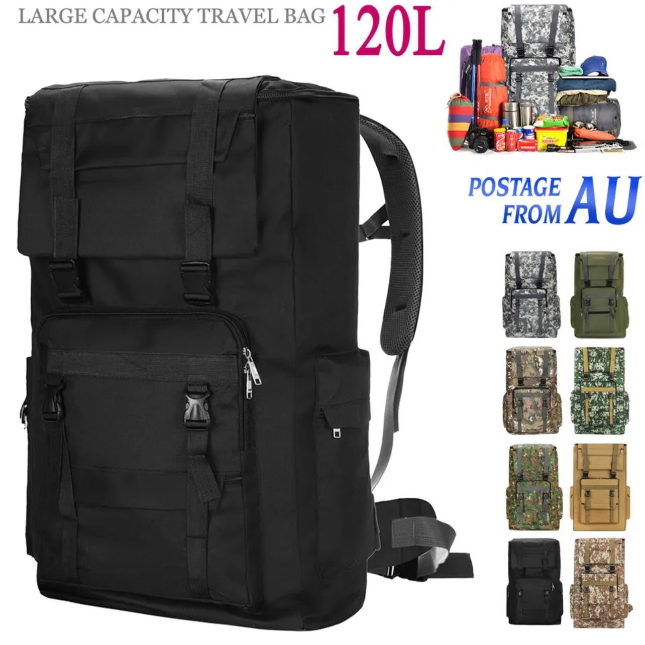 120L Large Military Tactical Backpack  Hiking Camping Rucksack  Outdoor Trek Bag