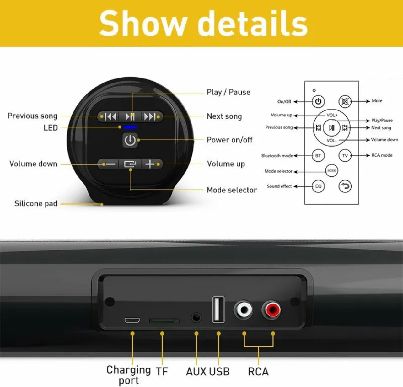 23" Wireless Bluetooth 5.0 Sound Bar Stereo Speaker System TV Theater Subwoofer