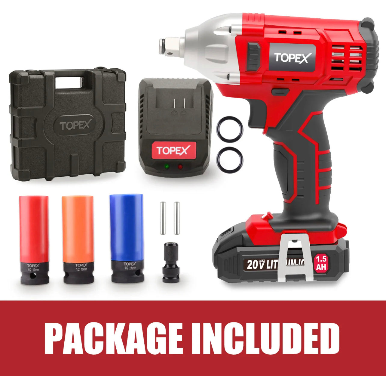 TOPEX 2IN1 20V Cordless Impact Wrench Driver 1/2” 1500mAh Li Battery W/ Sockets