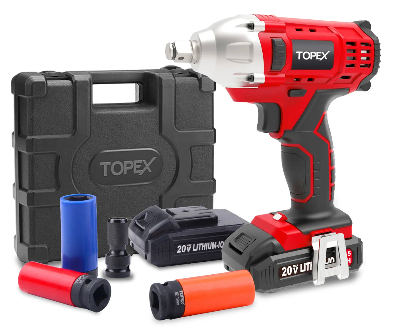 TOPEX 2IN1 20V Cordless Impact Wrench Driver 1/2” 1500mAh Li Battery W/ Sockets