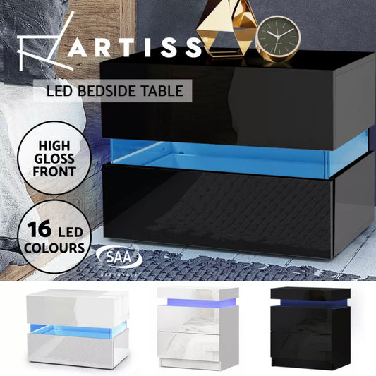 Artiss Bedside Tables Side Table Drawers RGB LED High Gloss Nightstand Cabinet