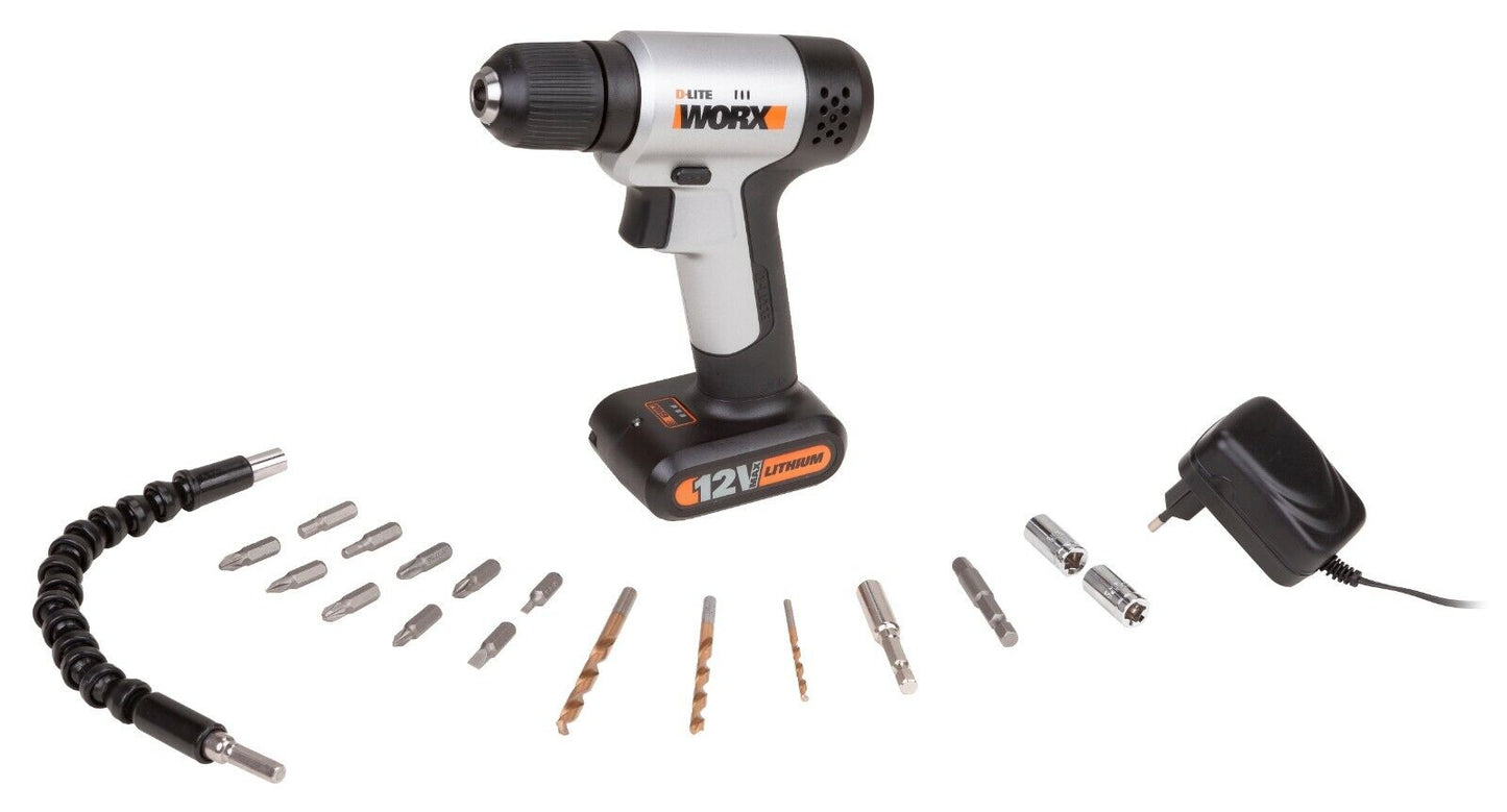 NEW WORX 12V 10mm Cordless Mini Drill Driver-18pc Accessory Kit with storage box