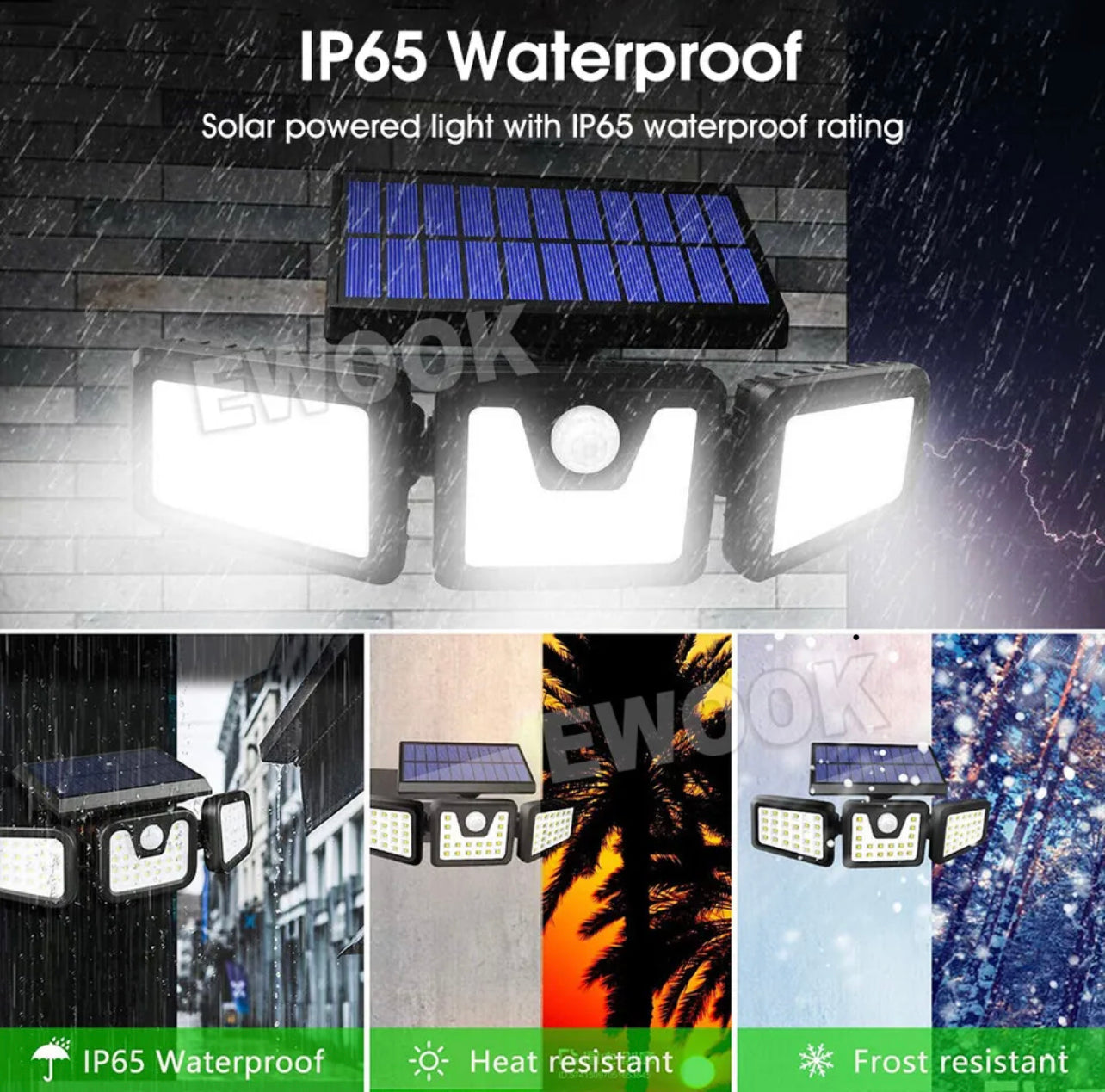 3 Head Solar Motion Sensor Light Outdoor Garden Wall Security Flood Lamp 74LEDs