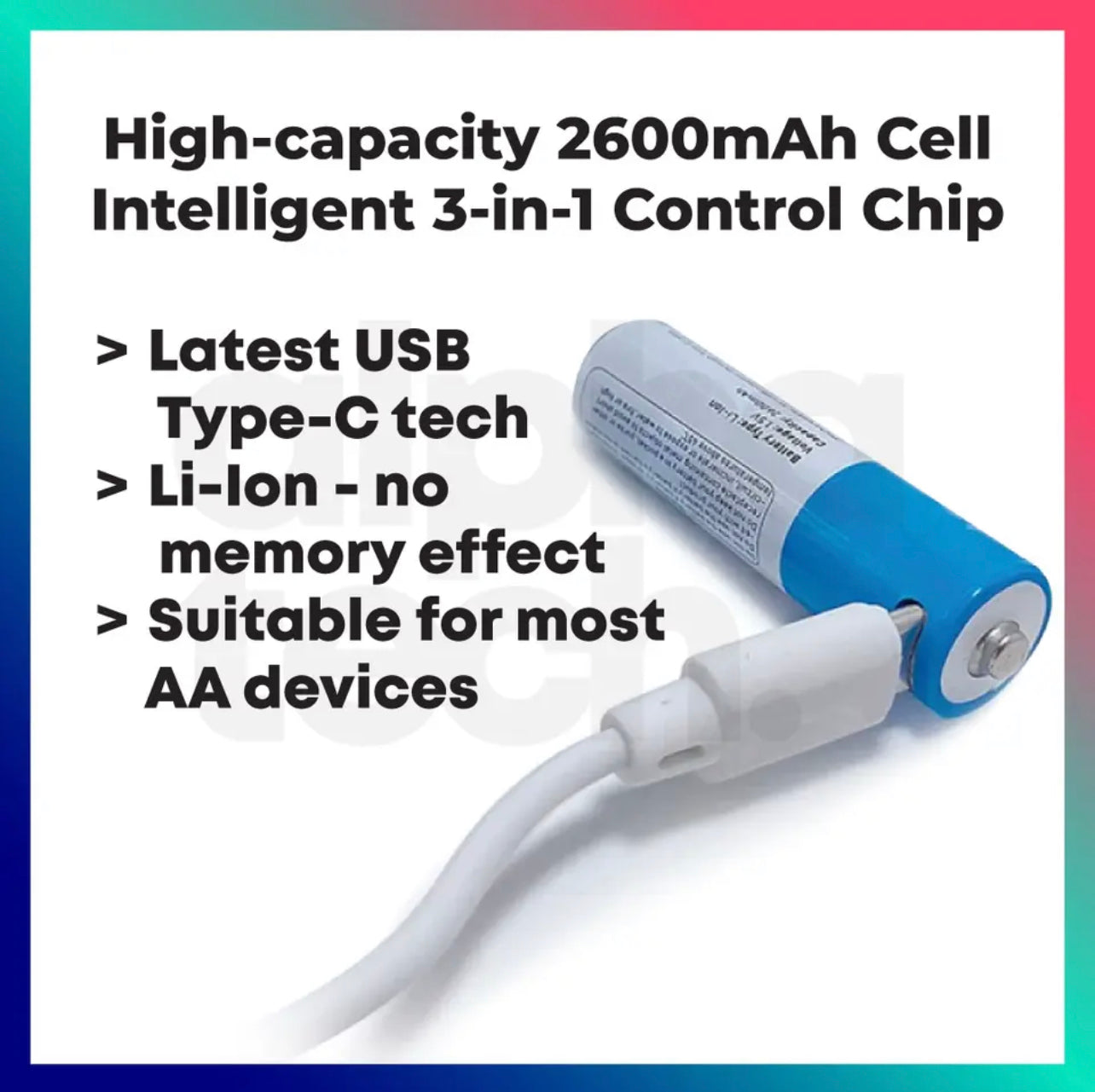 USB-C Rechargeable AA Batteries 1.5V 2600mAh Li-ion with USB Type-C Cable AUS