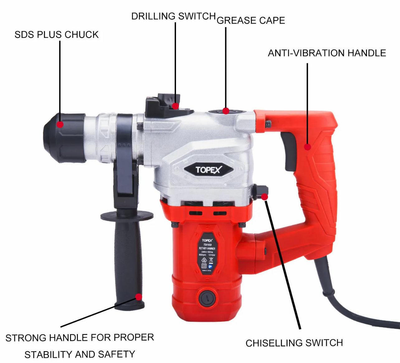 Topex 1010W SDS+ Rotary Hammer Drill Demolition Jack Hammer Kit w/ Chisels Drill