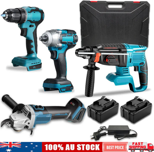 4Pcs Cordless Brushless Tool 2X 3AH Combo Kit Grinder Impact Wrench Hammer Drill