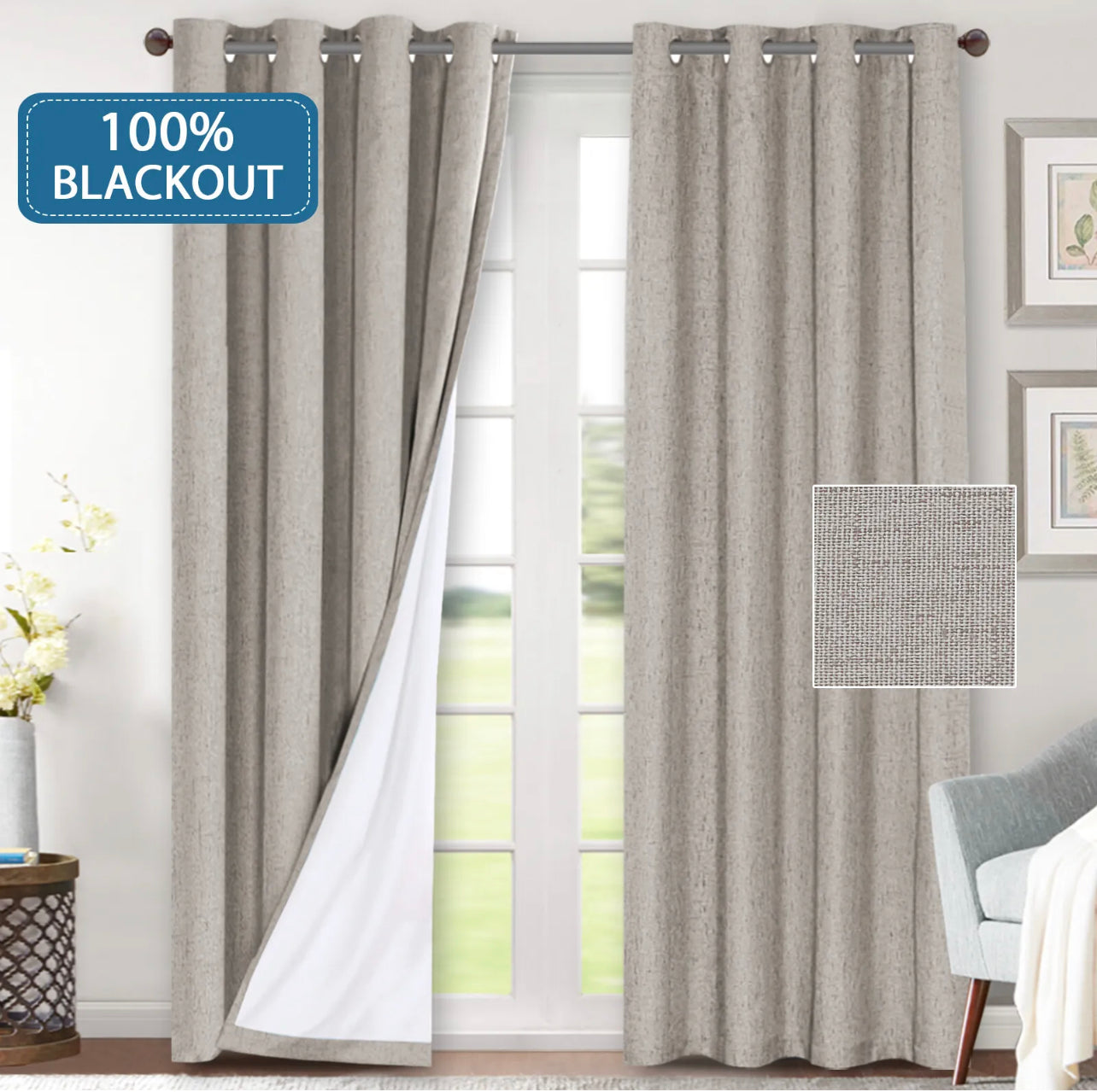 2x 100% Blackout Curtains Pair Rich Linen Textured Curtain Draperies for Bedroom