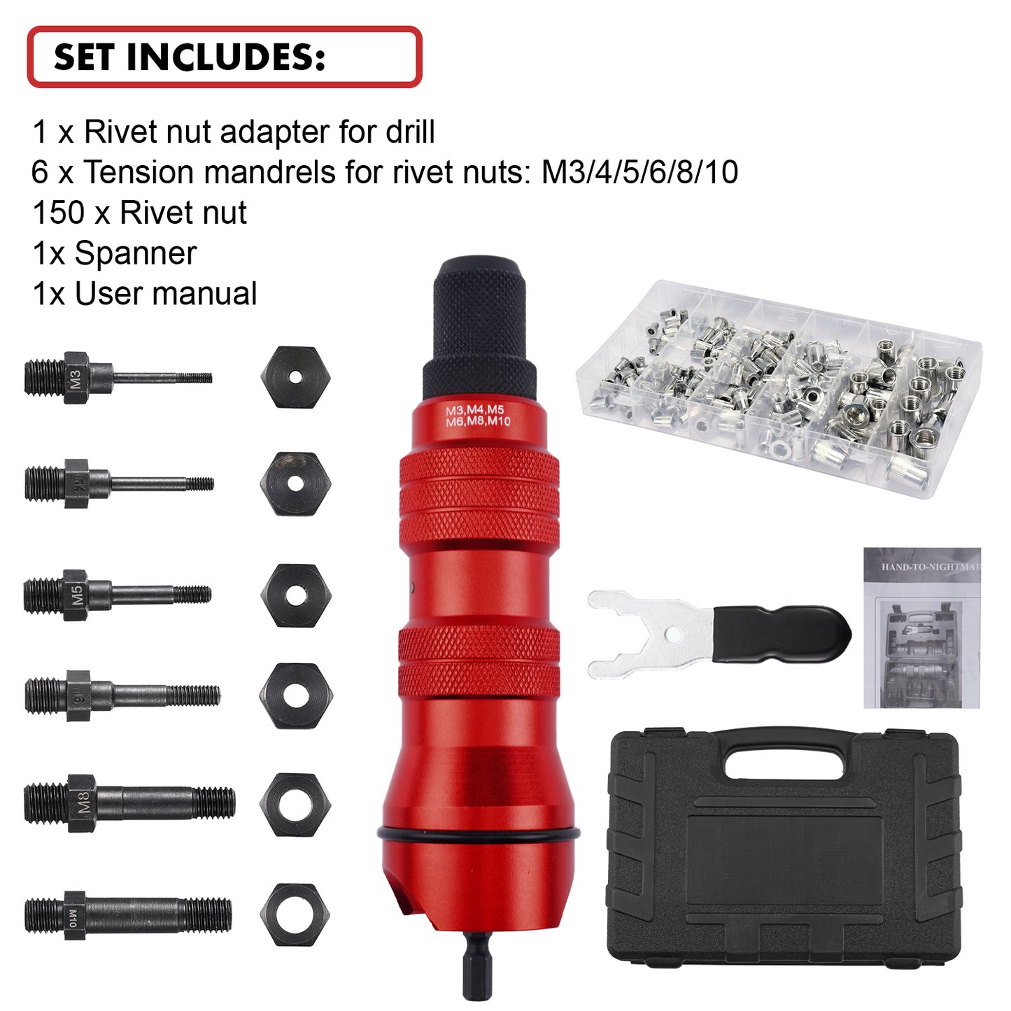 Electric Cordless Riveting Tool Rivet Nut Gun Drill Adapter Attachment M3-10 Kit