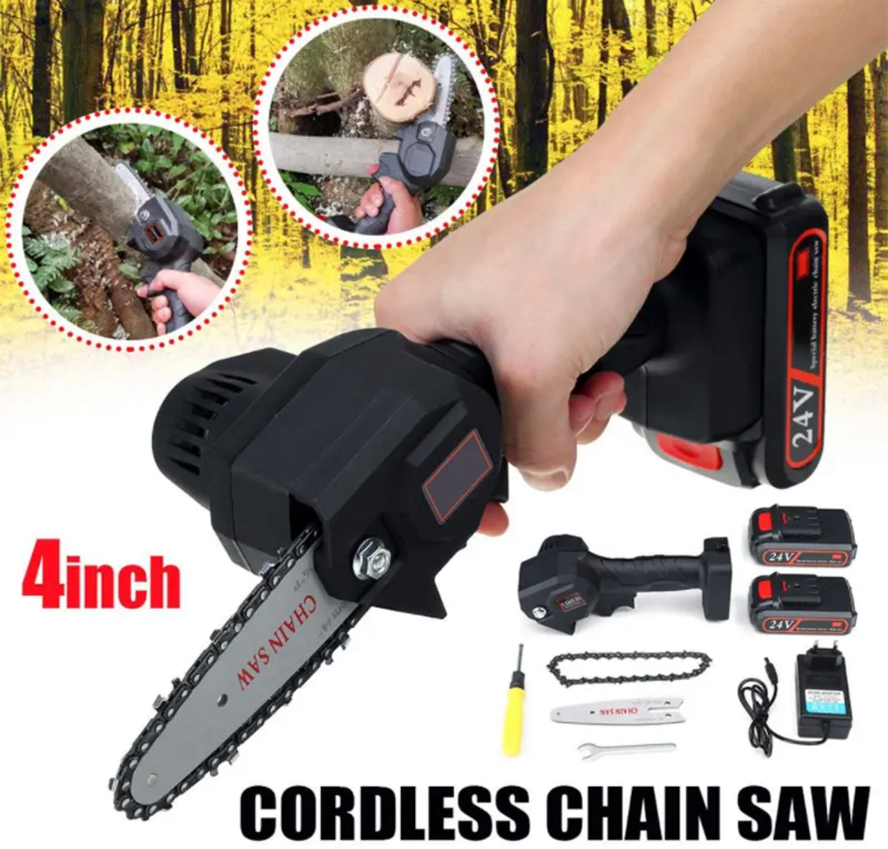 4” Mini Cordless Electric Chainsaw Wood Cutter Saw Rechargeable Battery Powered