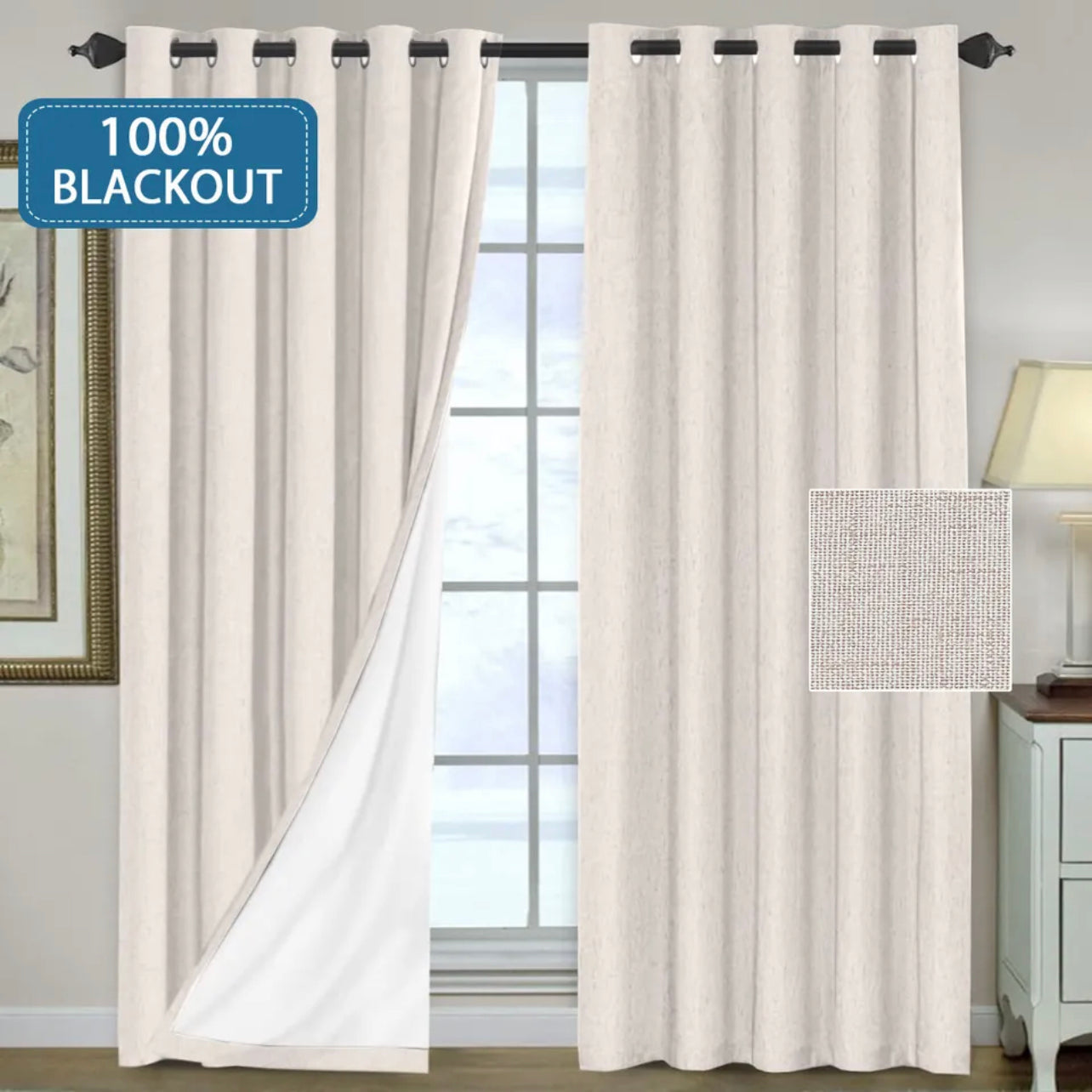 2x 100% Blackout Curtains Pair Rich Linen Textured Curtain Draperies for Bedroom