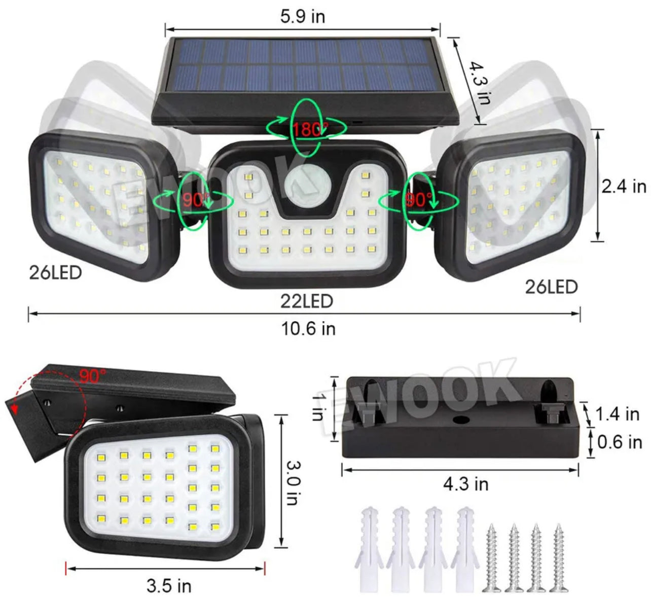 3 Head Solar Motion Sensor Light Outdoor Garden Wall Security Flood Lamp 74LEDs