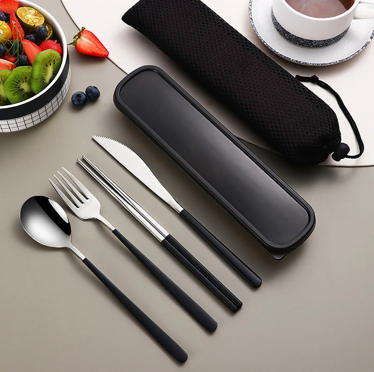 6pcs/set Cutlery Set Stainless Steel Spoon Fork Knife Chopsticks Travel Box Bag