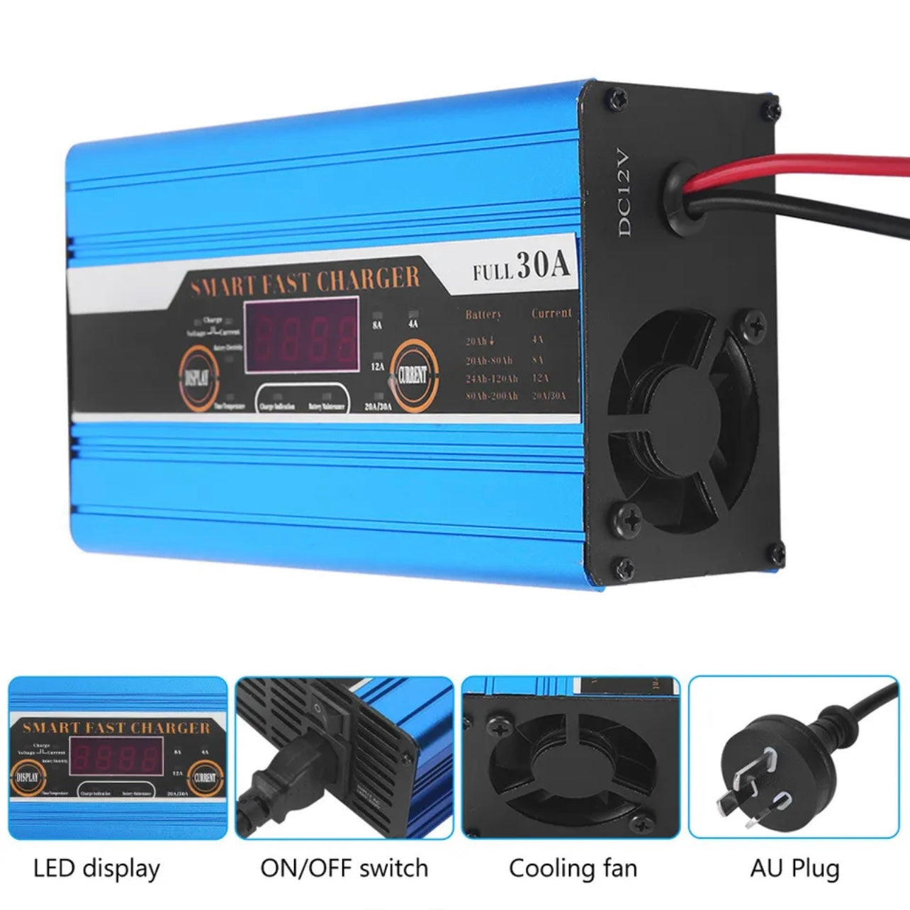 12V Car Battery Charger 30Amp Smart Charge For Truck 4WD Boat Caravan Motorcycle