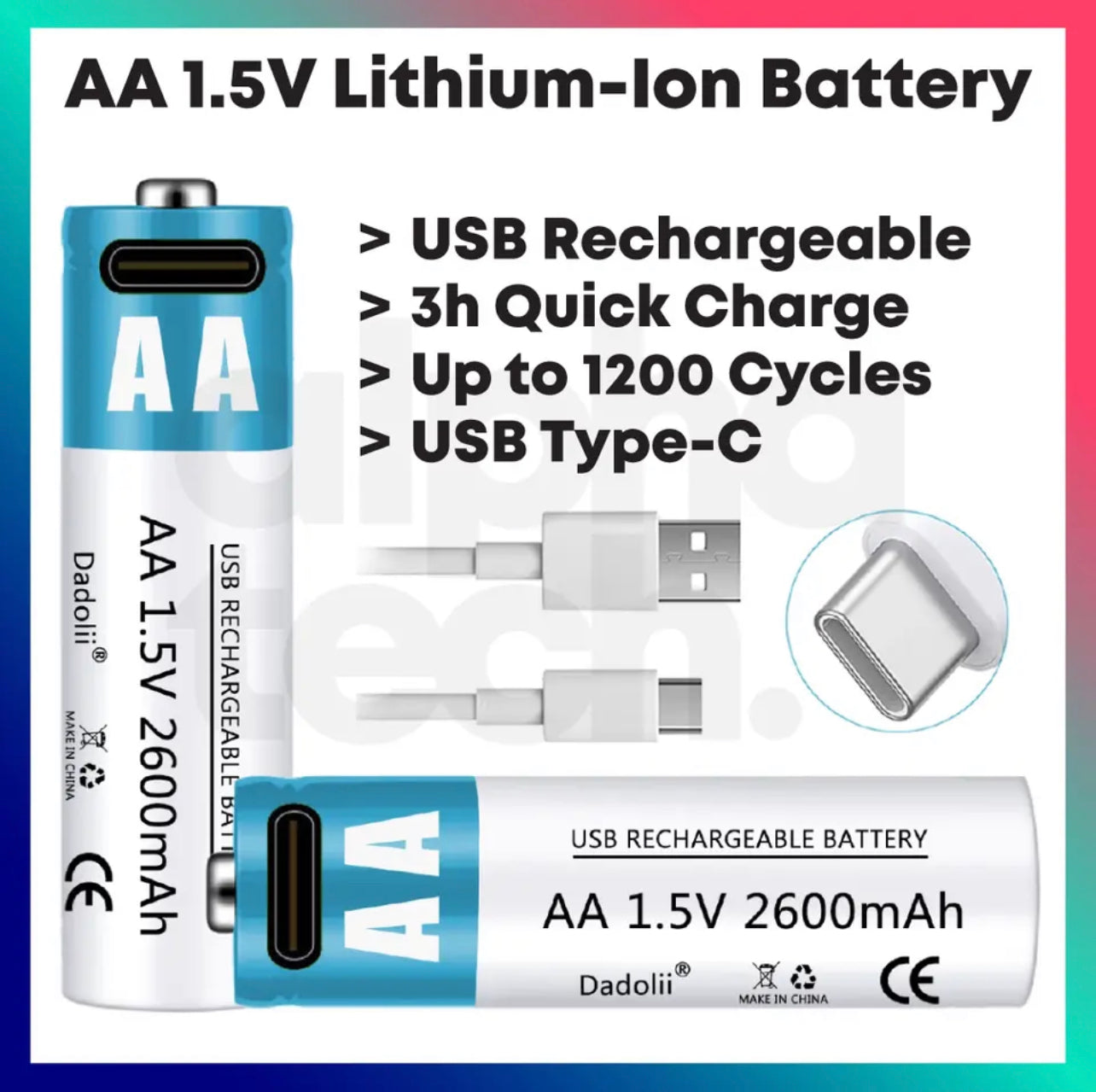 USB-C Rechargeable AA Batteries 1.5V 2600mAh Li-ion with USB Type-C Cable AUS