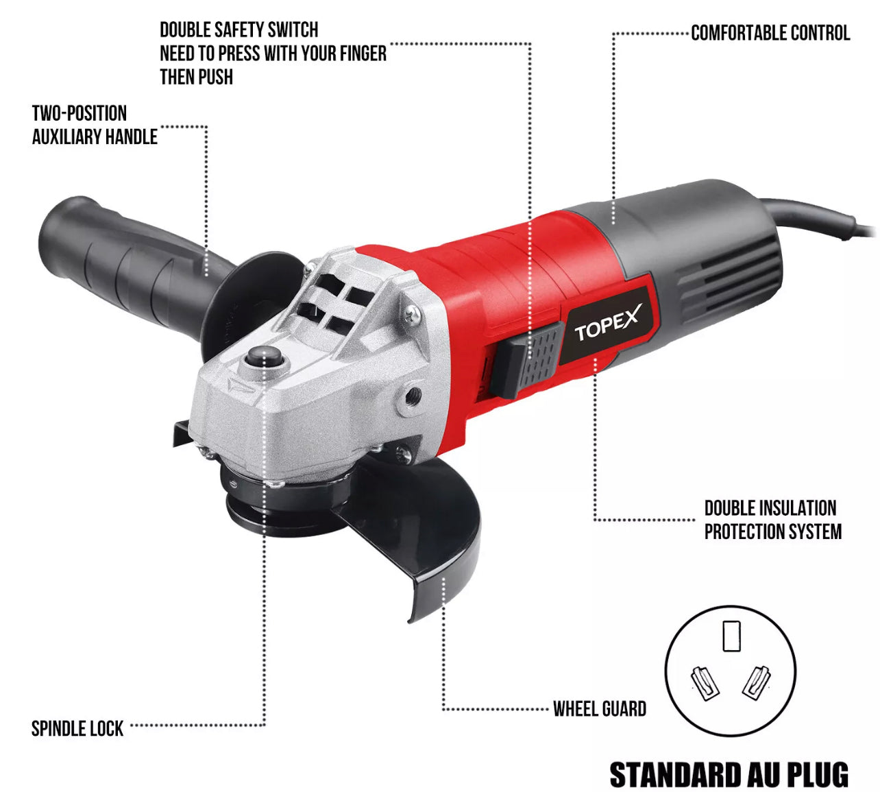 Heavy Duty Topex 900W 125mm 5” Angle Grinder with Side Handle Protection Switch