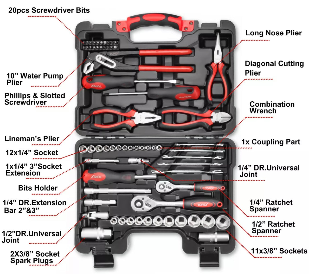 TOPEX 65-Piece Household Hand Tool Set Home Auto Repair Kit Premium Quality