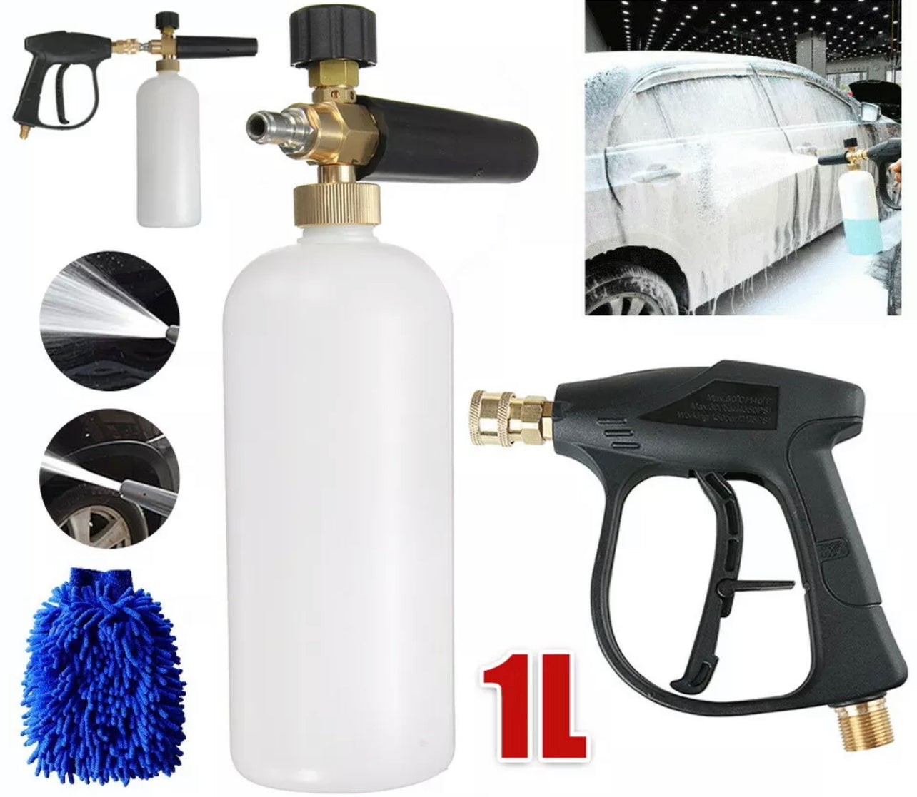 High Pressure Snow Foam Washer Gun Jet Car Wash Lance Cannon 1L Spray Bottle Kit