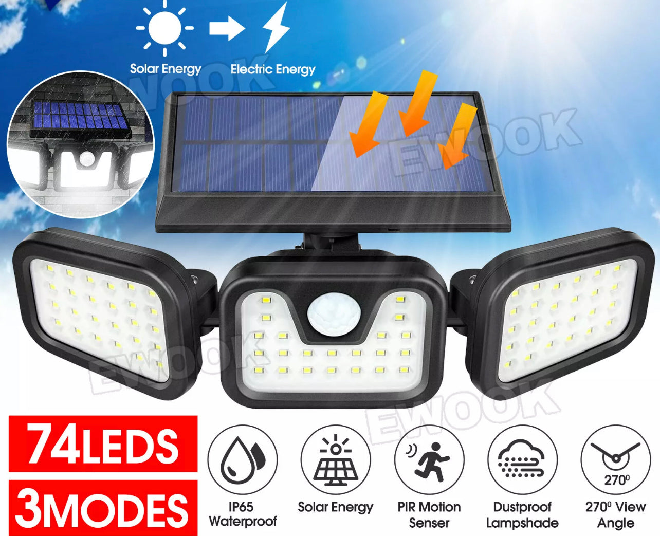 3 Head Solar Motion Sensor Light Outdoor Garden Wall Security Flood Lamp 74LEDs