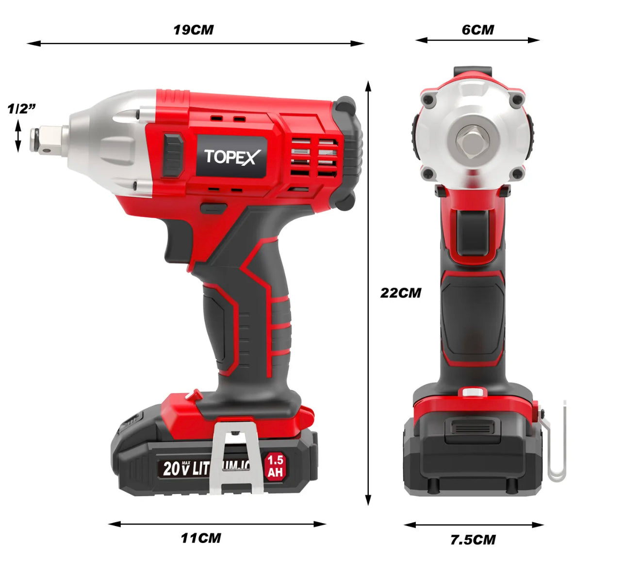 TOPEX 2IN1 20V Cordless Impact Wrench Driver 1/2” 1500mAh Li Battery W/ Sockets