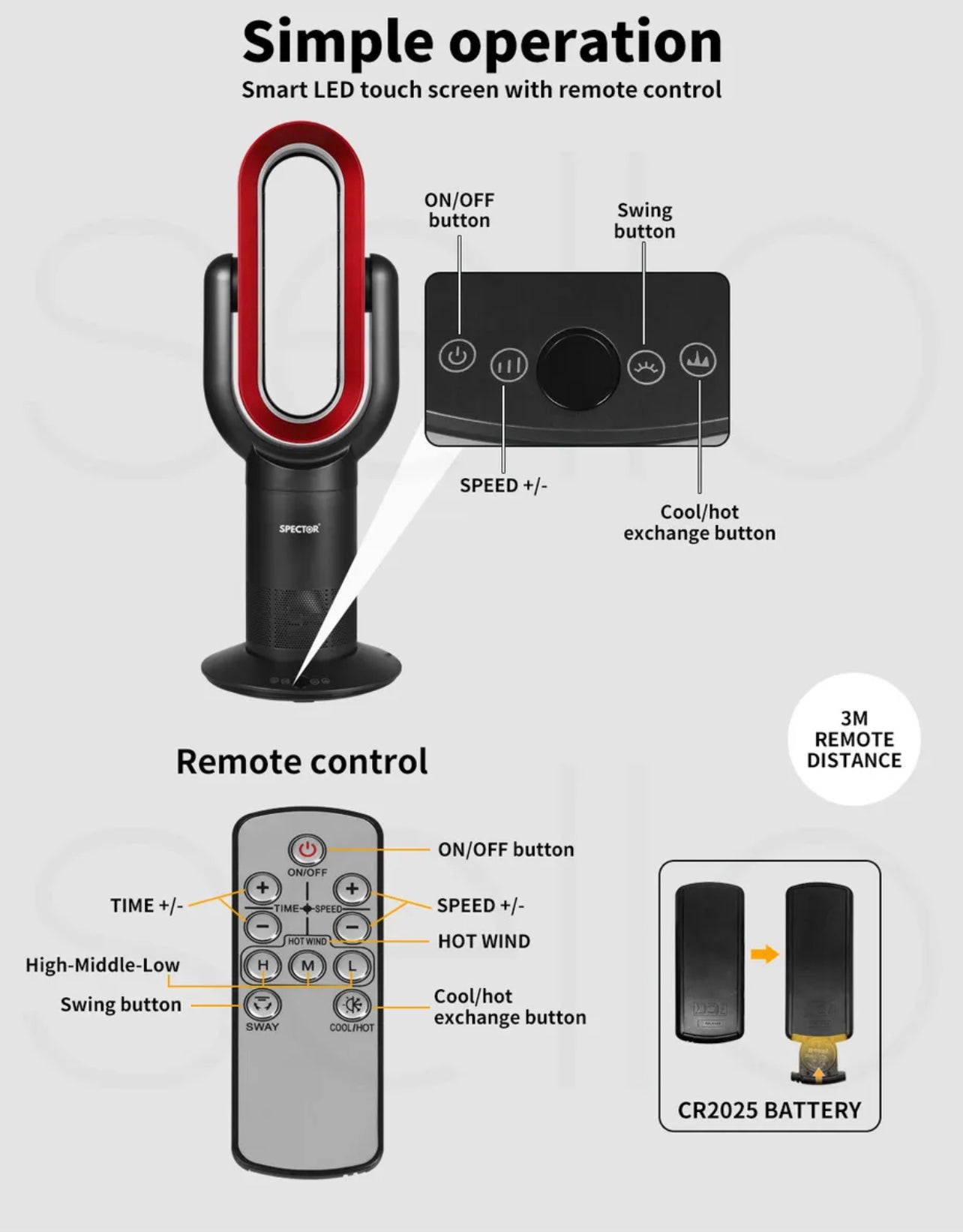 Electric Heater Cooler Portable Bladeless Fan Fast Heating Remote All Season Use