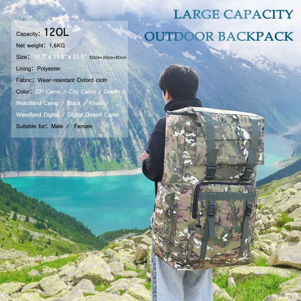 120L Large Military Tactical Backpack  Hiking Camping Rucksack  Outdoor Trek Bag