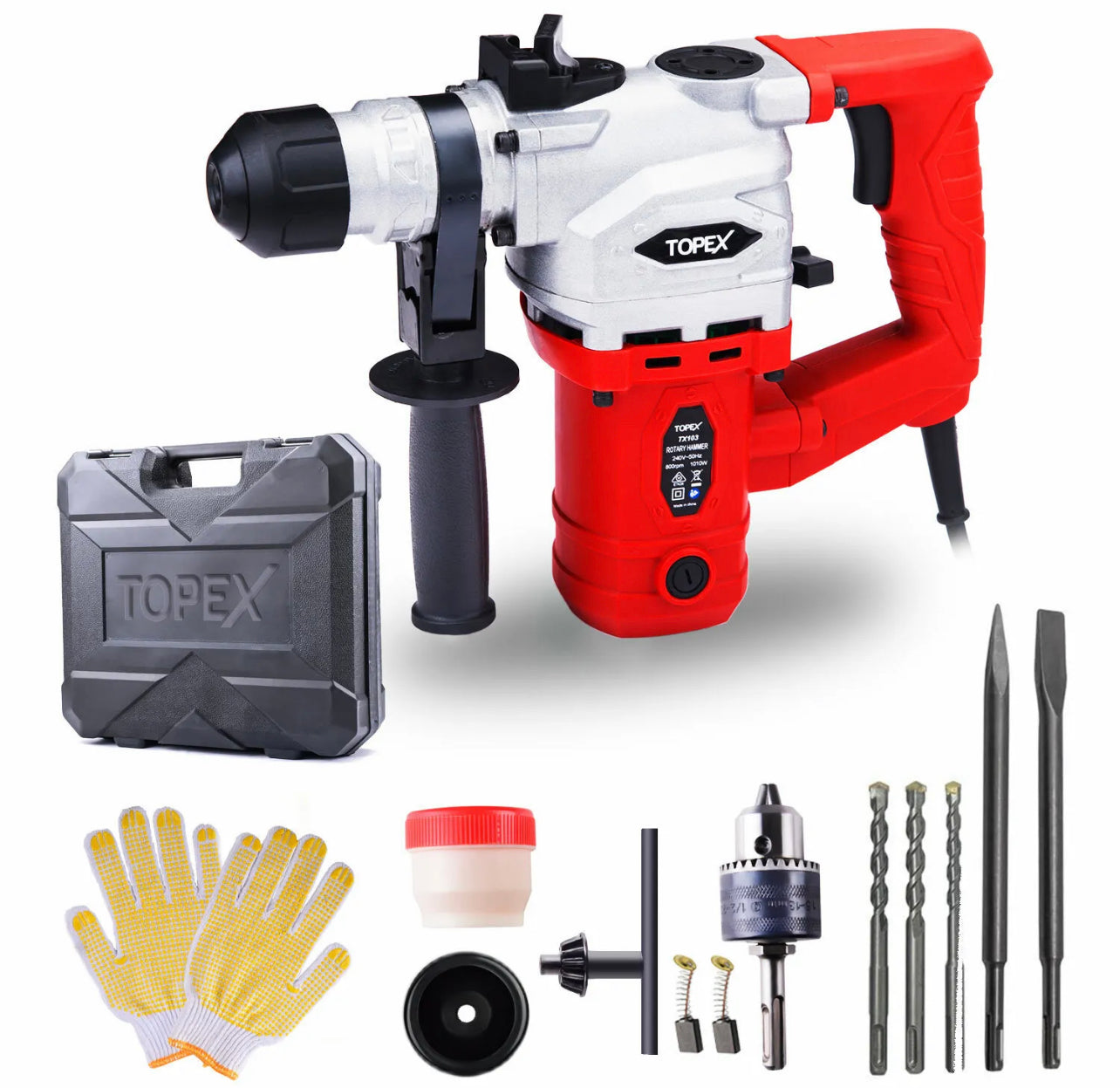 Topex 1010W SDS+ Rotary Hammer Drill Demolition Jack Hammer Kit w/ Chisels Drill