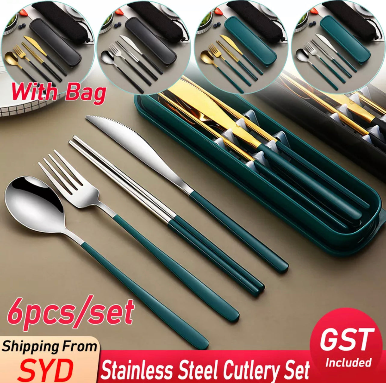 6pcs/set Cutlery Set Stainless Steel Spoon Fork Knife Chopsticks Travel Box Bag