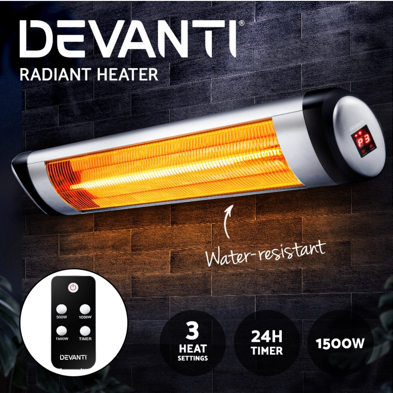 Devanti Infrared Heater Electric Radiant Strip Patio Heaters Remote 1500W 2000W