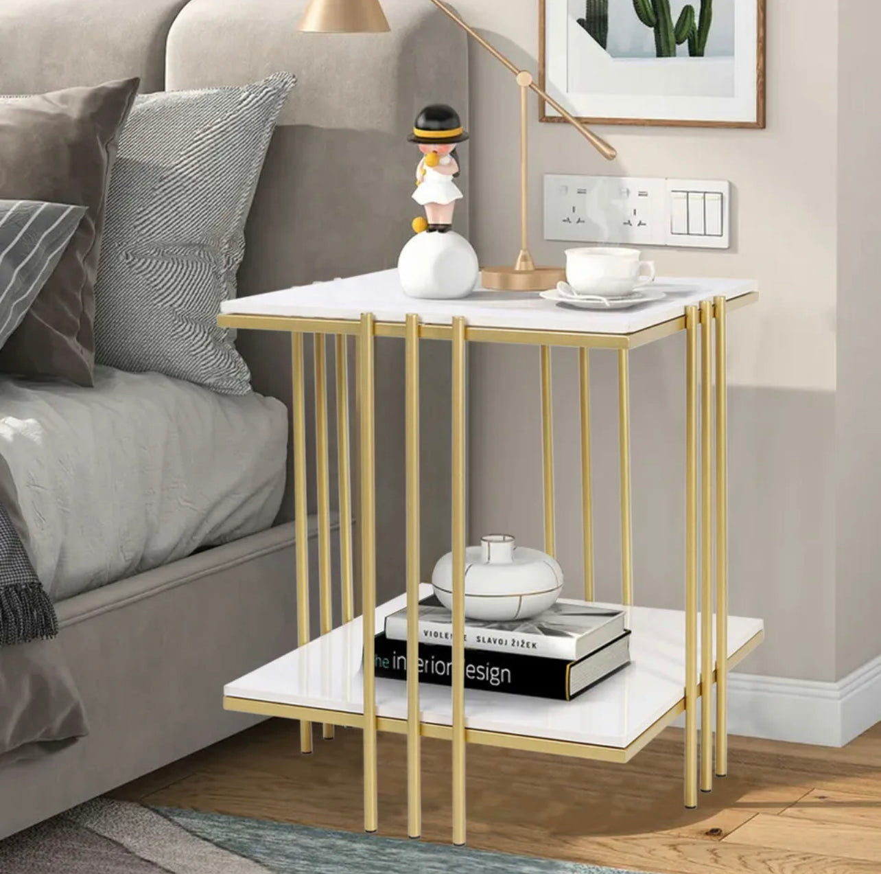 2-Tier Tall Marble Top Sofa Side End Table Bedside Nightstand Coffee Table Metal