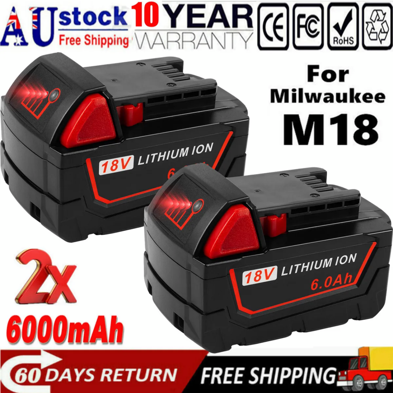 2X For Milwaukee M18 Lithium XC 6.0 Ah 18V Extended Capacity Battery 48-11-1860