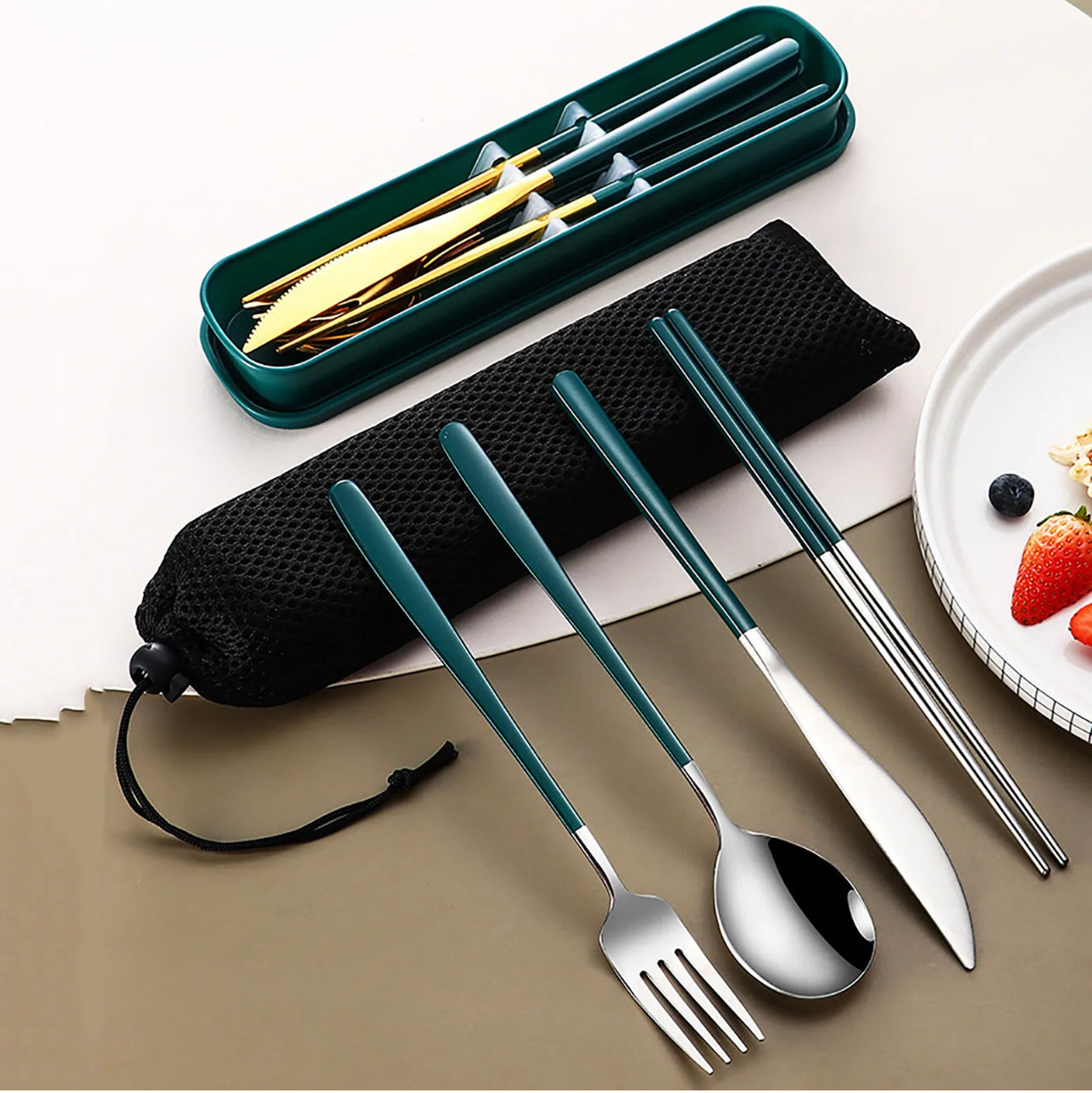 6pcs/set Cutlery Set Stainless Steel Spoon Fork Knife Chopsticks Travel Box Bag