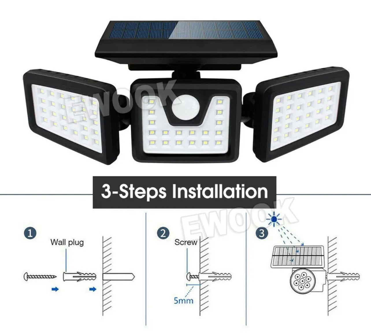 3 Head Solar Motion Sensor Light Outdoor Garden Wall Security Flood Lamp 74LEDs