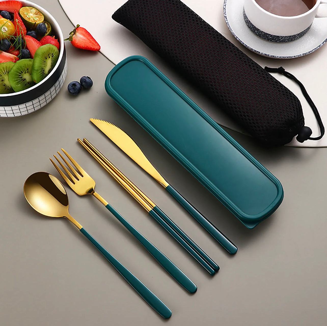 6pcs/set Cutlery Set Stainless Steel Spoon Fork Knife Chopsticks Travel Box Bag