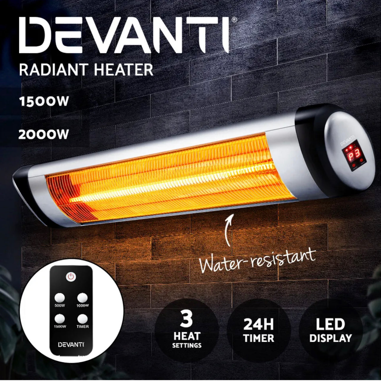 Devanti Infrared Heater Electric Radiant Strip Patio Heaters Remote 1500W 2000W