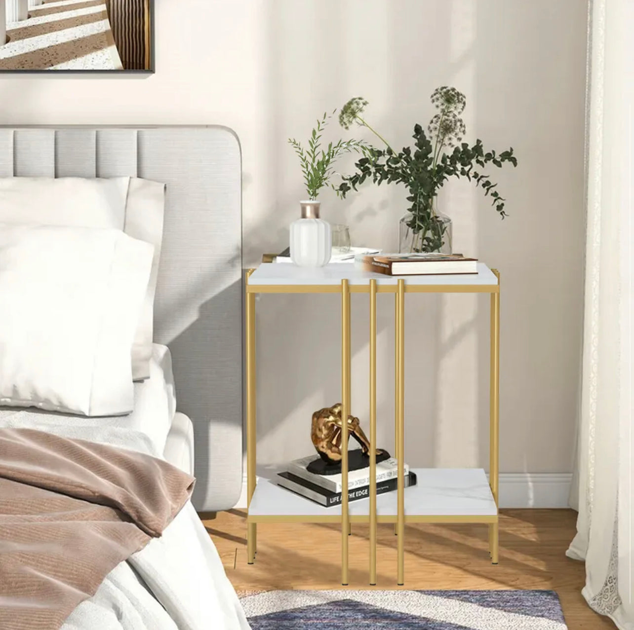 2-Tier Tall Marble Top Sofa Side End Table Bedside Nightstand Coffee Table Metal