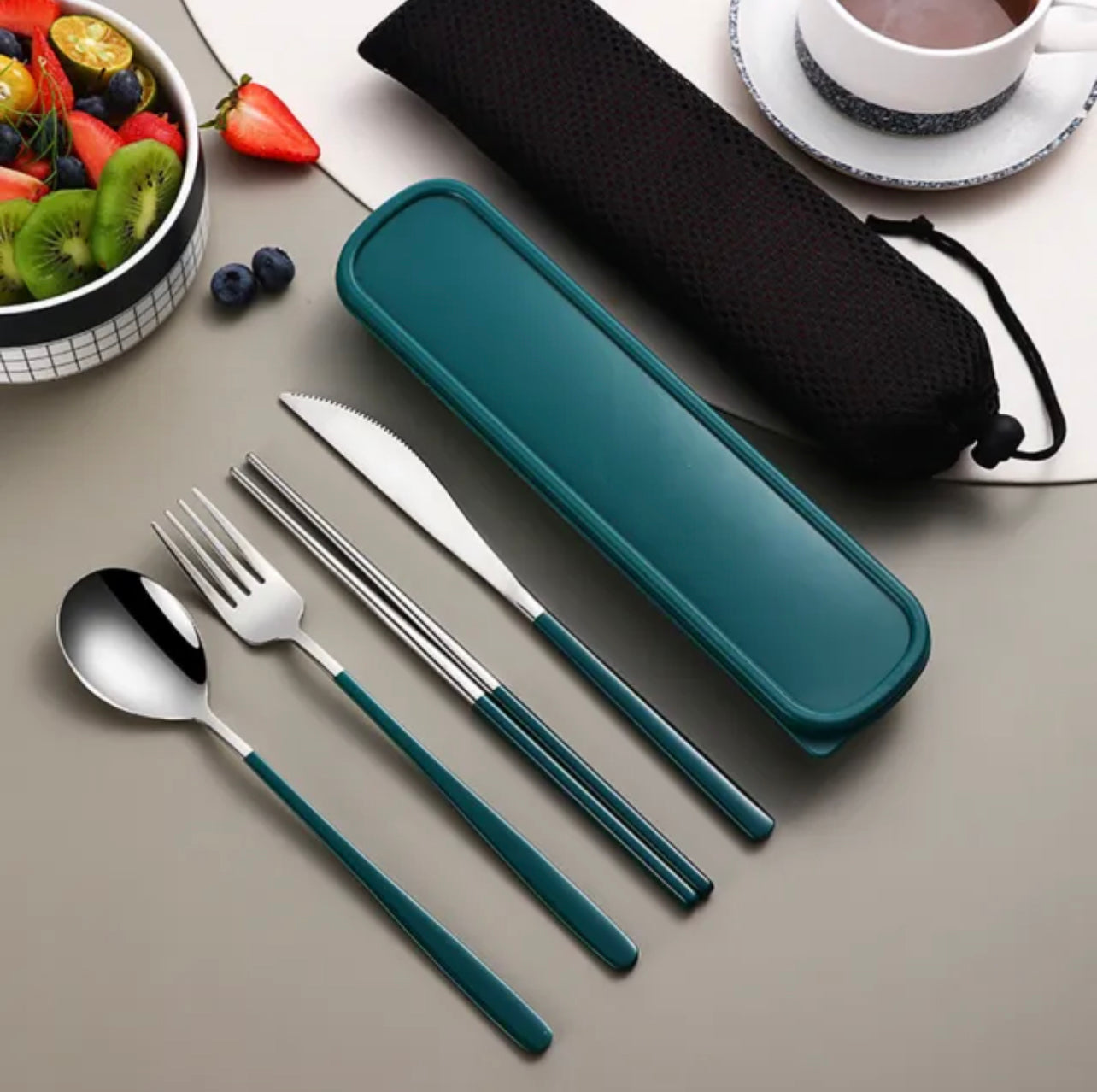 6pcs/set Cutlery Set Stainless Steel Spoon Fork Knife Chopsticks Travel Box Bag