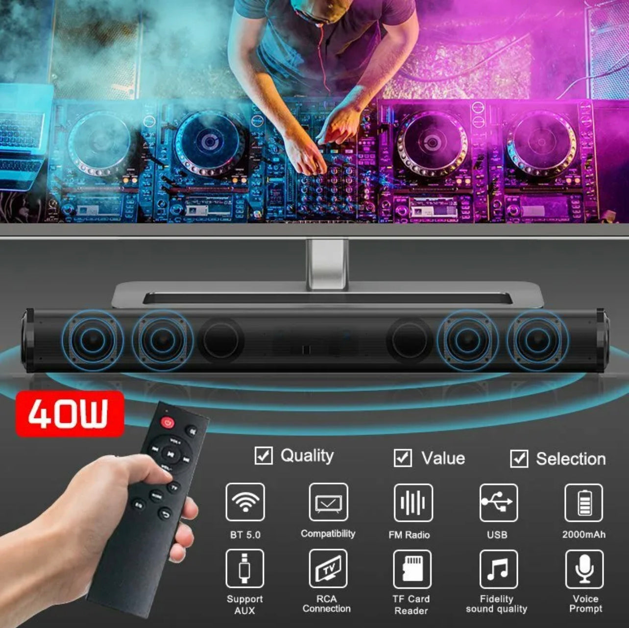 23" Wireless Bluetooth 5.0 Sound Bar Stereo Speaker System TV Theater Subwoofer