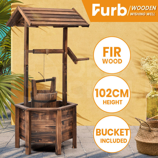 Furb Outdoor Garden Ornaments Wishing Well Flower Planter Bucket Wooden Decor