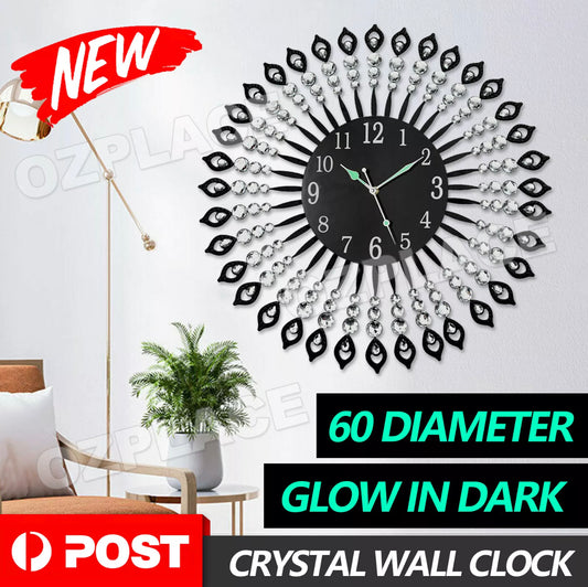 Large Modern 3D Crystal Wall Clock Luxury Art Silent Round Dial Home Decor New