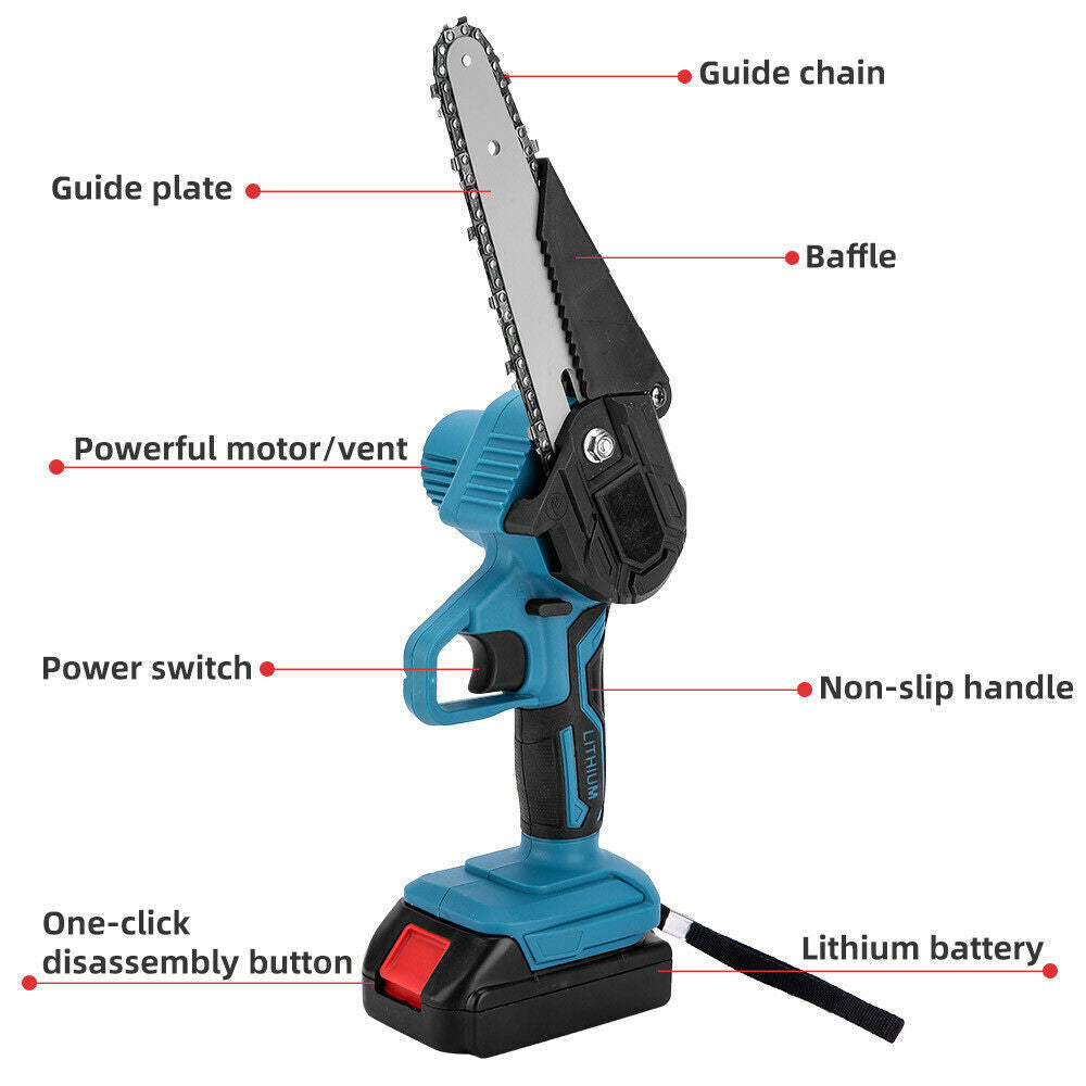 6" Rechargeable Electric Mini Cordless Chainsaw 1/2X Battery-Powered Wood Cutter