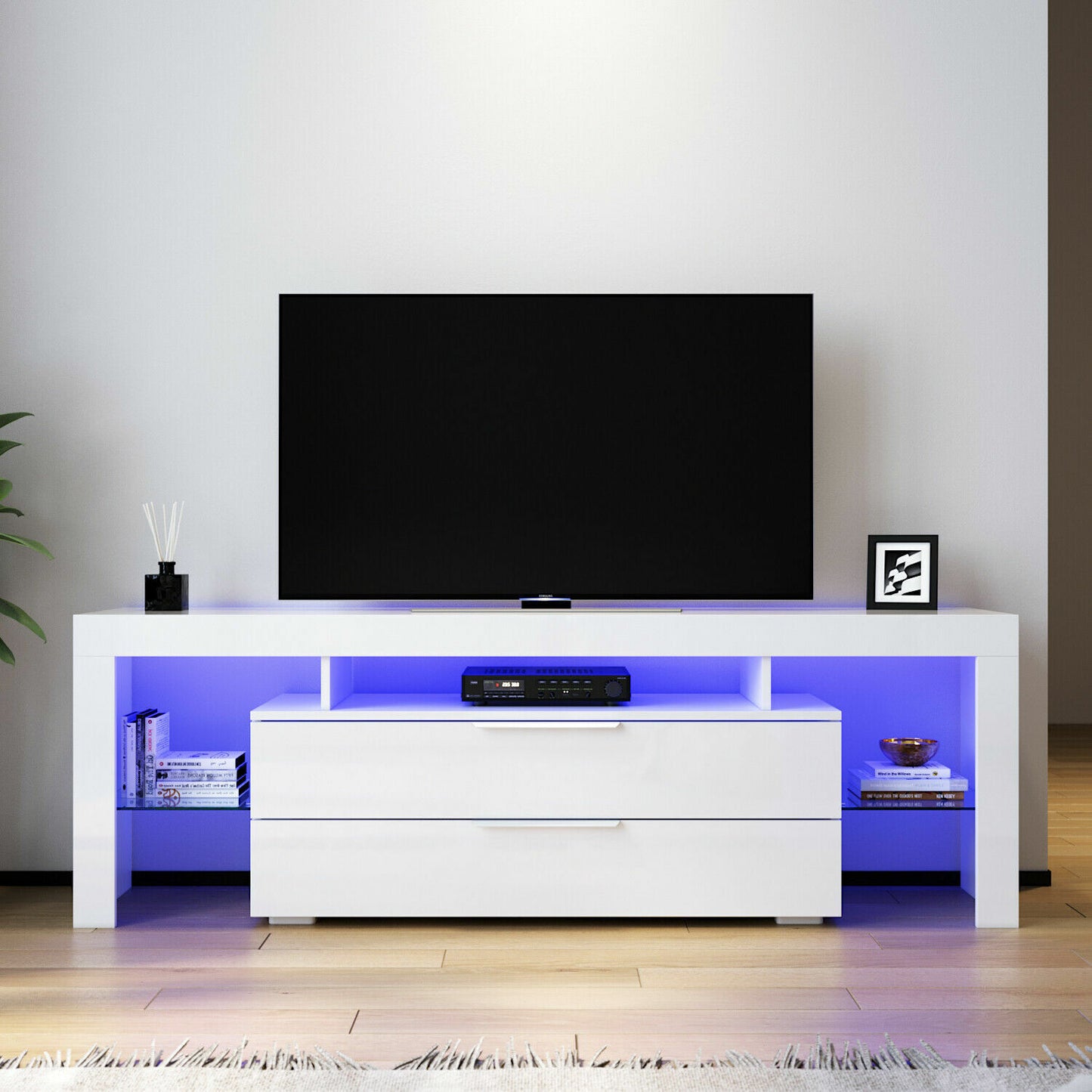 TV Cabinet Entertainment Unit Stand RGB LED Gloss Light Wood Storage Stand