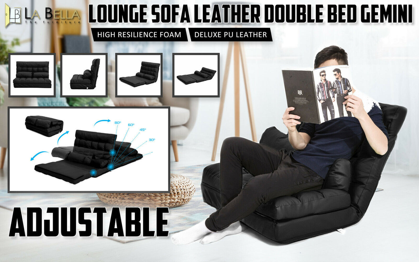 Lounge Sofa Double Seat Couch Bed Floor Recliner Folding Chaise Chair Adjustable