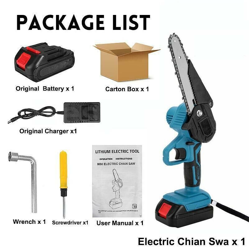 6" Rechargeable Electric Mini Cordless Chainsaw 1/2X Battery-Powered Wood Cutter