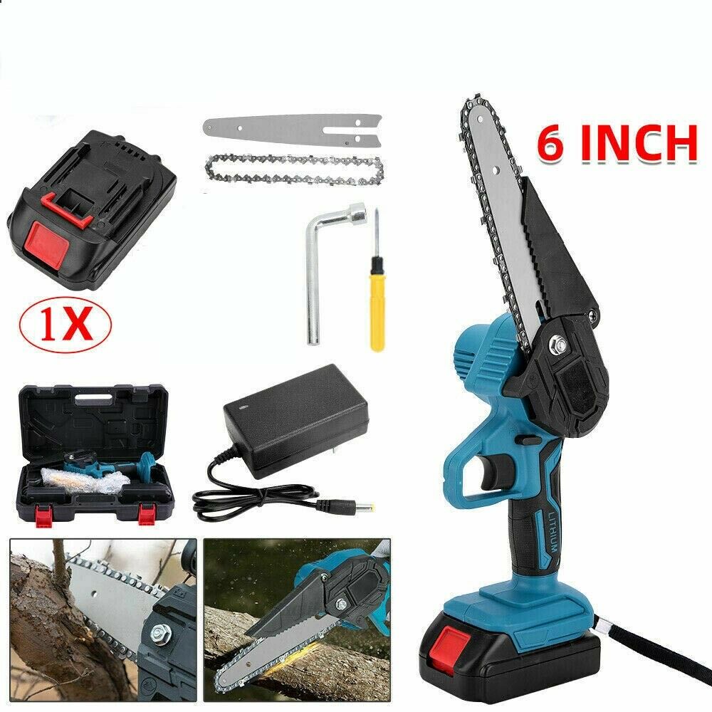 6" Rechargeable Electric Mini Cordless Chainsaw 1/2X Battery-Powered Wood Cutter