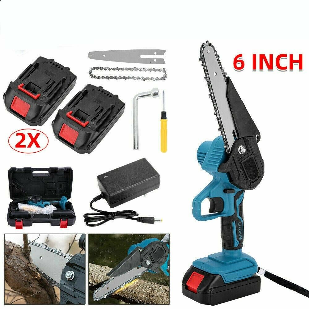 6" Rechargeable Electric Mini Cordless Chainsaw 1/2X Battery-Powered Wood Cutter