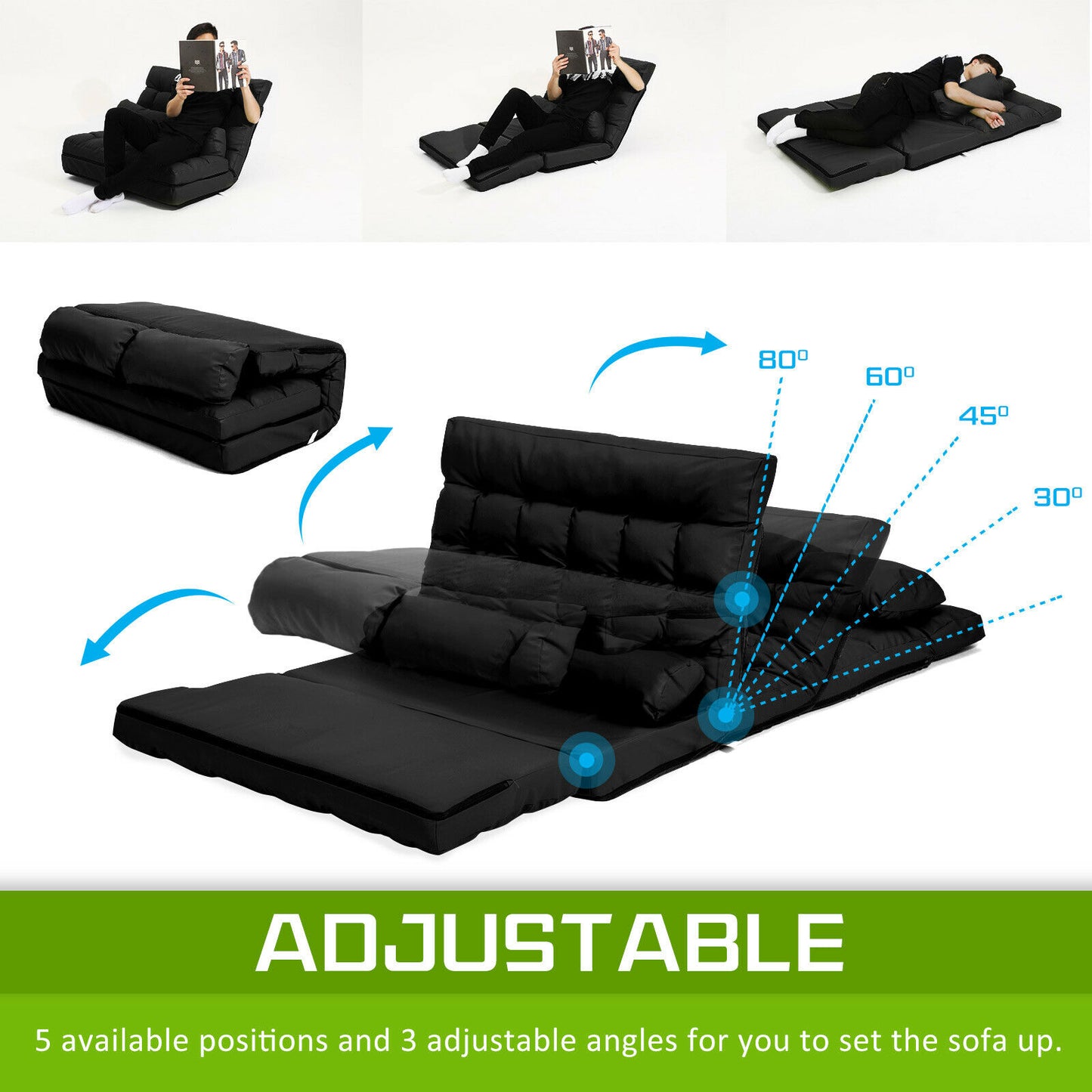 Lounge Sofa Double Seat Couch Bed Floor Recliner Folding Chaise Chair Adjustable