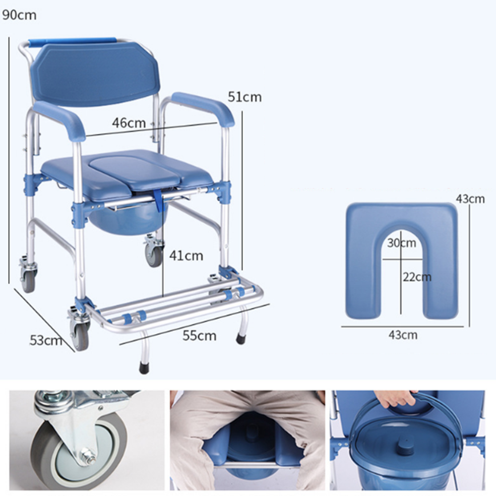 Mobile Shower Toilet Commode Chair Bathroom Bedside Aluminum Wheelchair Footrest