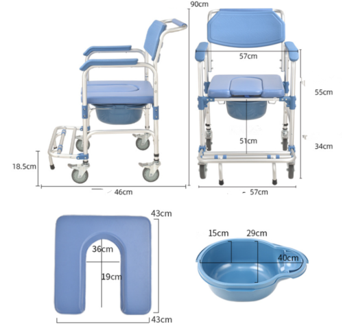 Mobile Shower Toilet Commode Chair Bathroom Bedside Aluminum Wheelchair Footrest